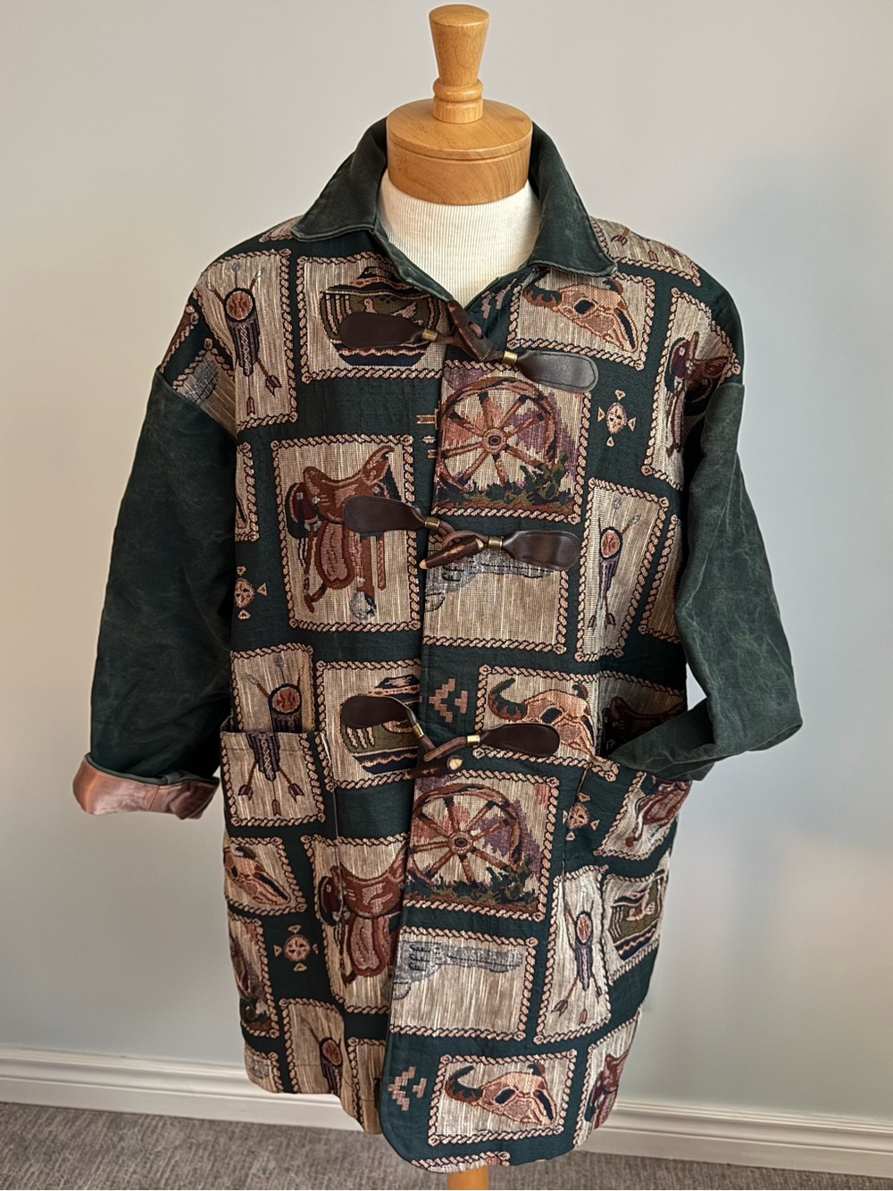 Vintage KJK Designs Western Tapestry Green Denim Jacket XL